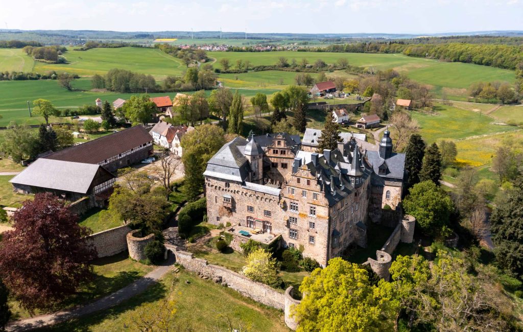 Aerial view, Medieval castle Eisenbach, Lauterbach, Vogelsberg, Hesse, Germany,
