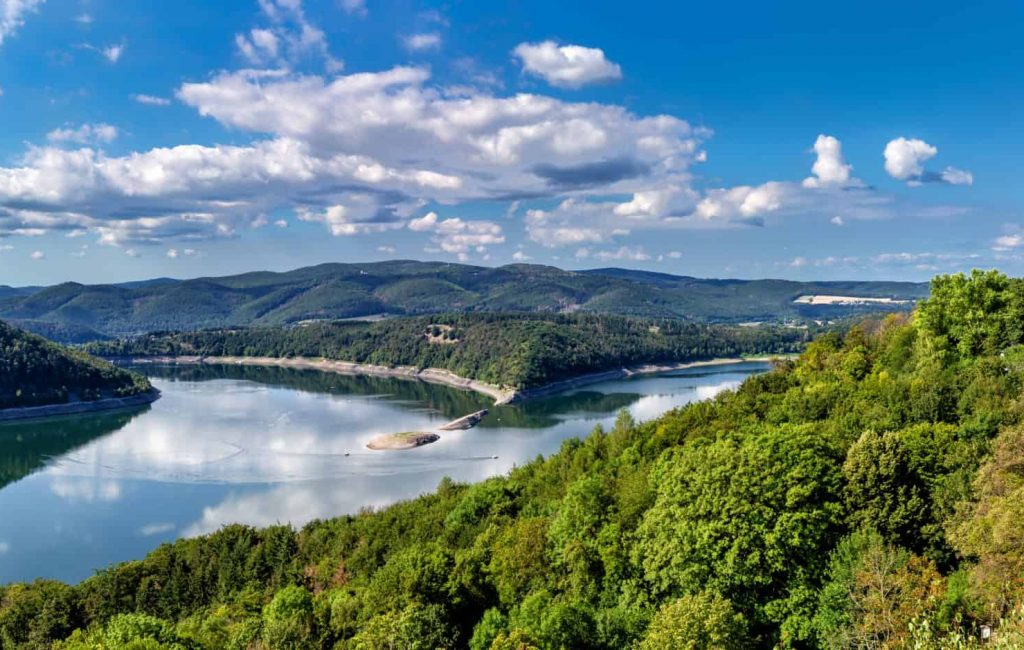 View on Waldeck Castle and Edersee in northern Hesse, Germany.